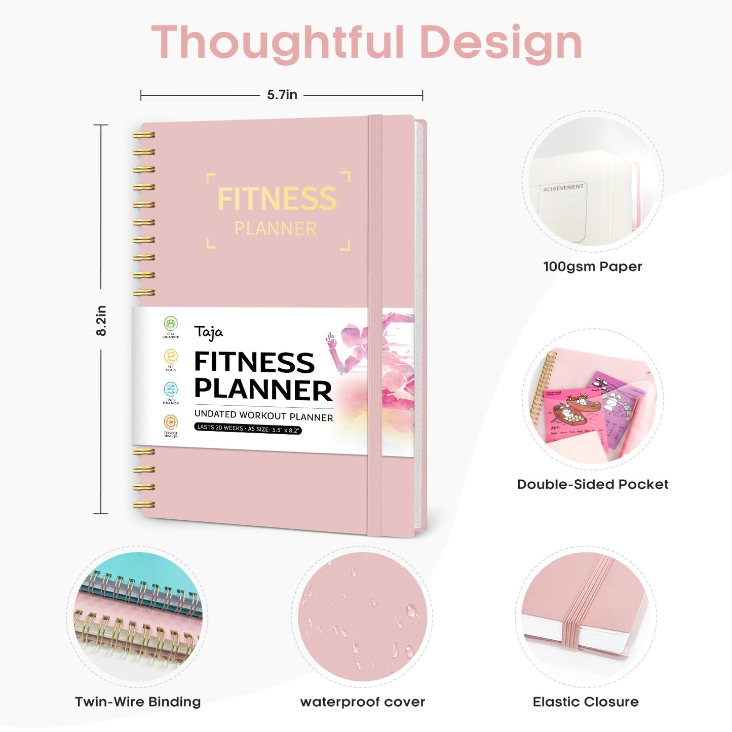 Fitness Workout Journal for Women & Men, A5(5.5" x 8.2") Workout Log Book Planner for Tracking, Progress, and Achieving Your Wellness Goals-Pink