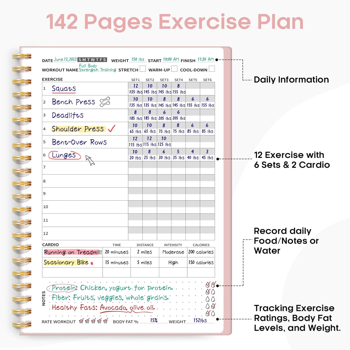 Fitness Workout Journal for Women & Men, A5(5.5" x 8.2") Workout Log Book Planner for Tracking, Progress, and Achieving Your Wellness Goals-Pink