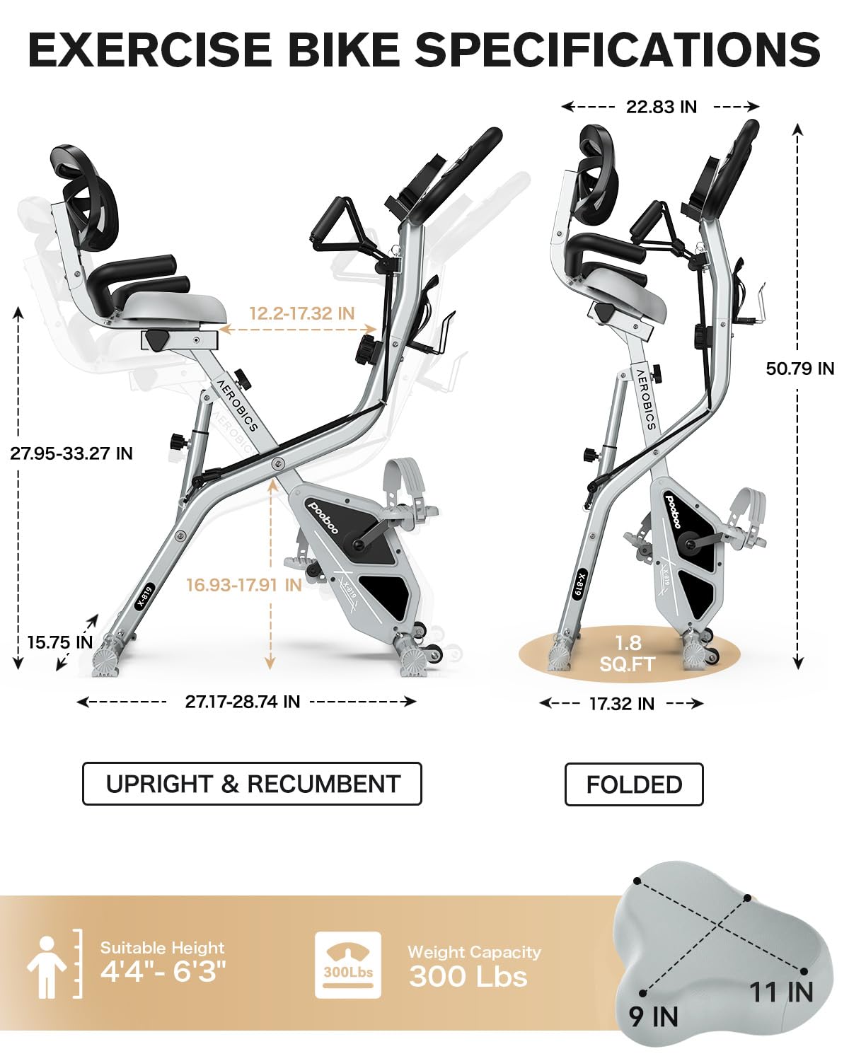 pooboo Folding Exercise Bike, Fitness Stationary Bike Machine, Upright Indoor Cycling Bike, 4-in-1 Magnetic X-Bike with 8-Level Adjustable Resistance, Bottle Holder, Arm Resistance Bands, Pulse Sensor & Back Support Cushion for Home Gym Workout (red)