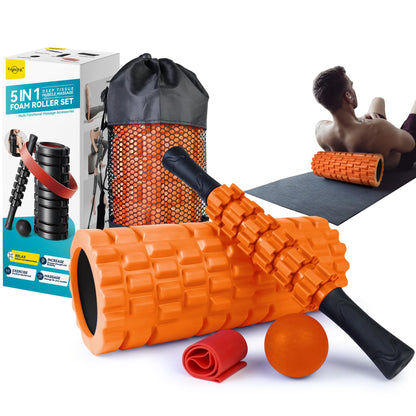 Krightlink 5 in1 Foam Roller Set for Deep Tissue Muscle Massage, High Density Fitness Exercise Foam Roller, Massage Roller, Massage Ball, Resistance Band, for Whole Body (Black)