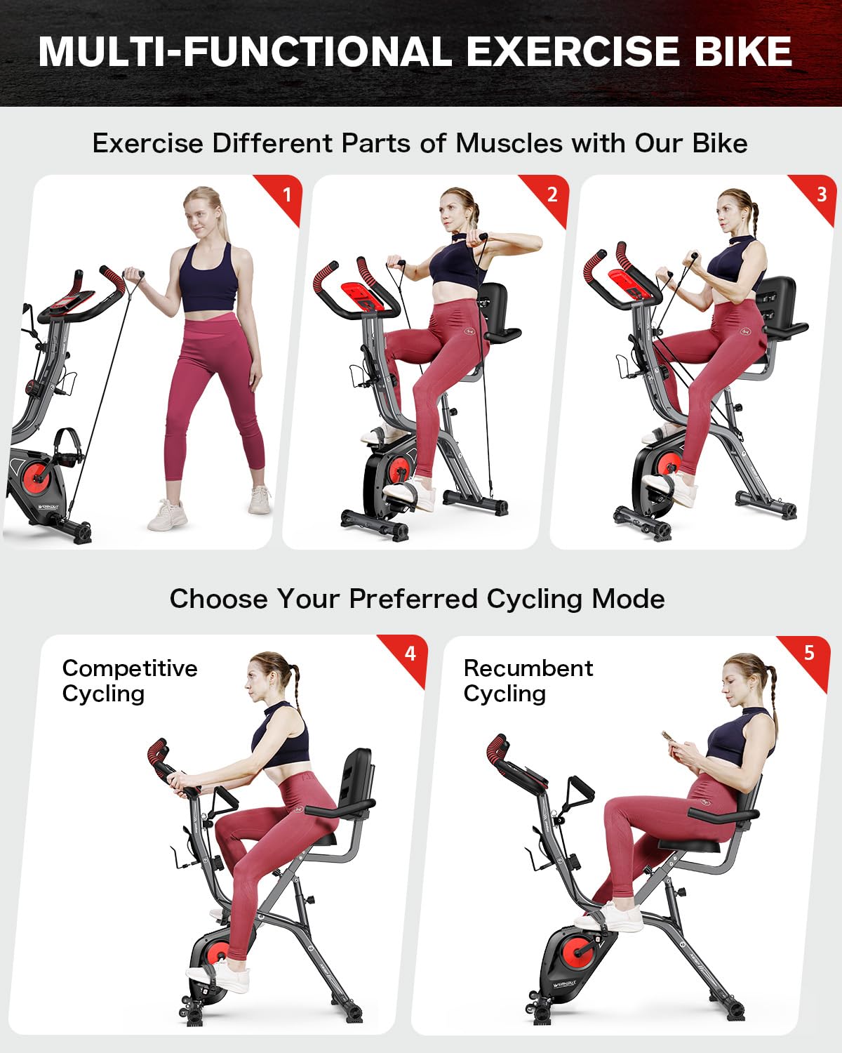 pooboo Folding Exercise Bike, Fitness Stationary Bike Machine, Upright Indoor Cycling Bike, 4-in-1 Magnetic X-Bike with 8-Level Adjustable Resistance, Bottle Holder, Arm Resistance Bands, Pulse Sensor & Back Support Cushion for Home Gym Workout (red)