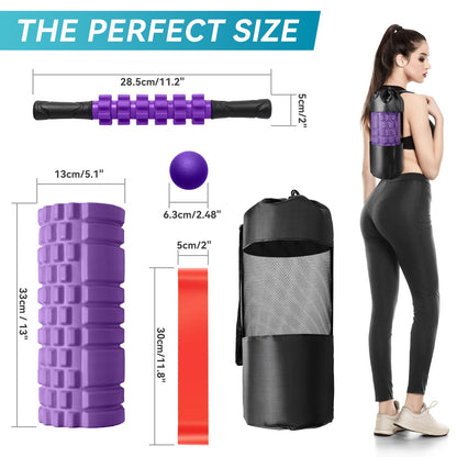 Krightlink 5 in1 Foam Roller Set for Deep Tissue Muscle Massage, High Density Fitness Exercise Foam Roller, Massage Roller, Massage Ball, Resistance Band, for Whole Body (Black)