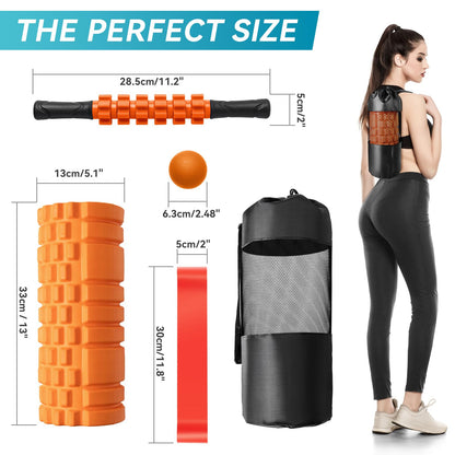 Krightlink 5 in1 Foam Roller Set for Deep Tissue Muscle Massage, High Density Fitness Exercise Foam Roller, Massage Roller, Massage Ball, Resistance Band, for Whole Body (Black)