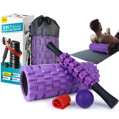 Krightlink 5 in1 Foam Roller Set for Deep Tissue Muscle Massage, High Density Fitness Exercise Foam Roller, Massage Roller, Massage Ball, Resistance Band, for Whole Body (Black)