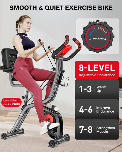 pooboo Folding Exercise Bike, Fitness Stationary Bike Machine, Upright Indoor Cycling Bike, 4-in-1 Magnetic X-Bike with 8-Level Adjustable Resistance, Bottle Holder, Arm Resistance Bands, Pulse Sensor & Back Support Cushion for Home Gym Workout (red)