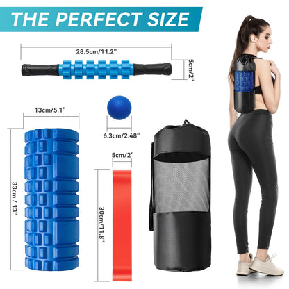 Krightlink 5 in1 Foam Roller Set for Deep Tissue Muscle Massage, High Density Fitness Exercise Foam Roller, Massage Roller, Massage Ball, Resistance Band, for Whole Body (Black)