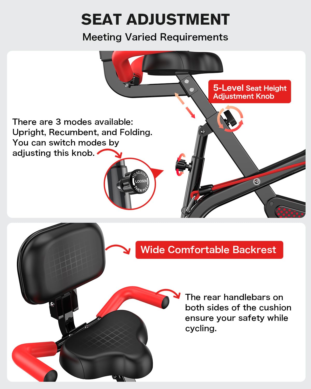 pooboo Folding Exercise Bike, Fitness Stationary Bike Machine, Upright Indoor Cycling Bike, 4-in-1 Magnetic X-Bike with 8-Level Adjustable Resistance, Bottle Holder, Arm Resistance Bands, Pulse Sensor & Back Support Cushion for Home Gym Workout (red)