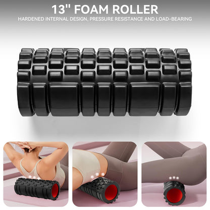 Krightlink 5 in1 Foam Roller Set for Deep Tissue Muscle Massage, High Density Fitness Exercise Foam Roller, Massage Roller, Massage Ball, Resistance Band, for Whole Body (Black)